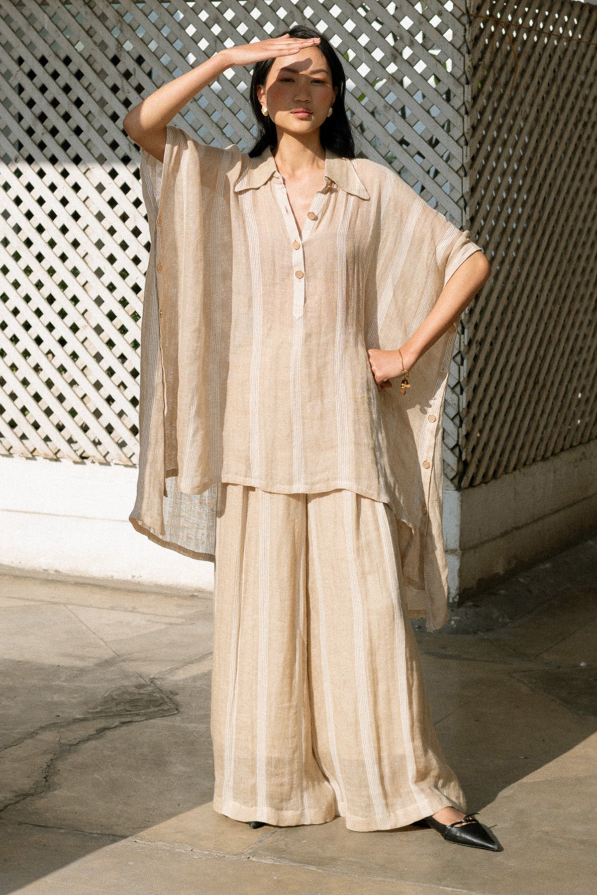 Buy Beige Linen Collar Kaftan Set by Lahario for women online at ScrollnShops