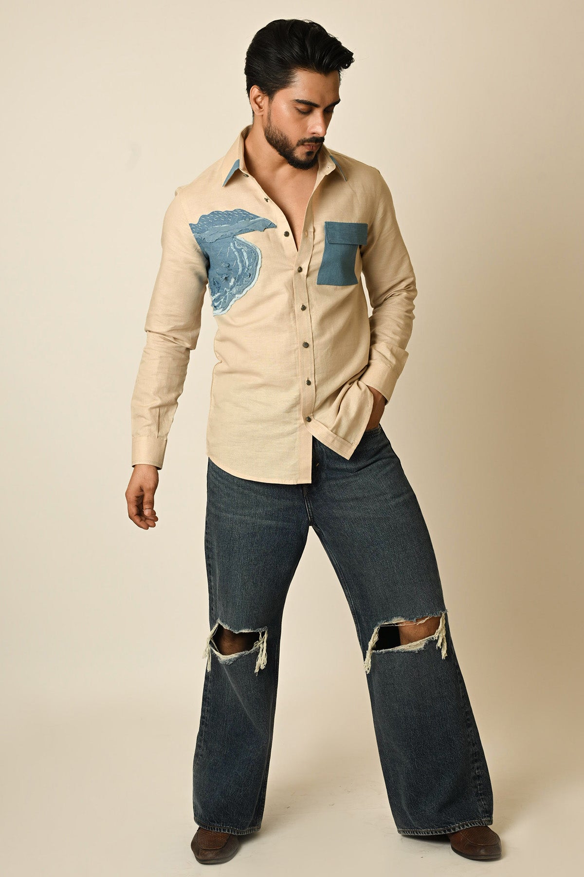 Beige Linen Denim Thread Shirt
