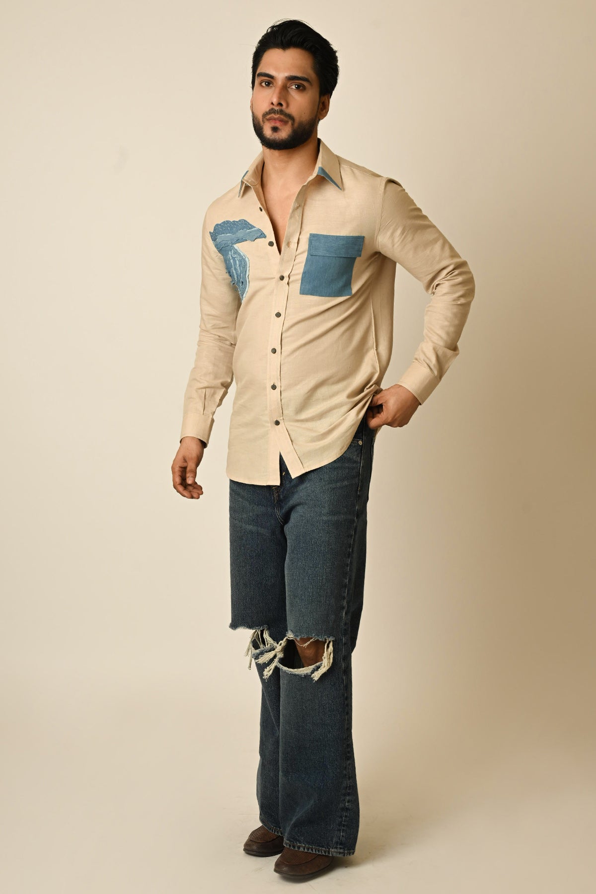 Buy Beige Linen Denim Thread Shirt for men by Paarsh Atelier online available at scrollnshops