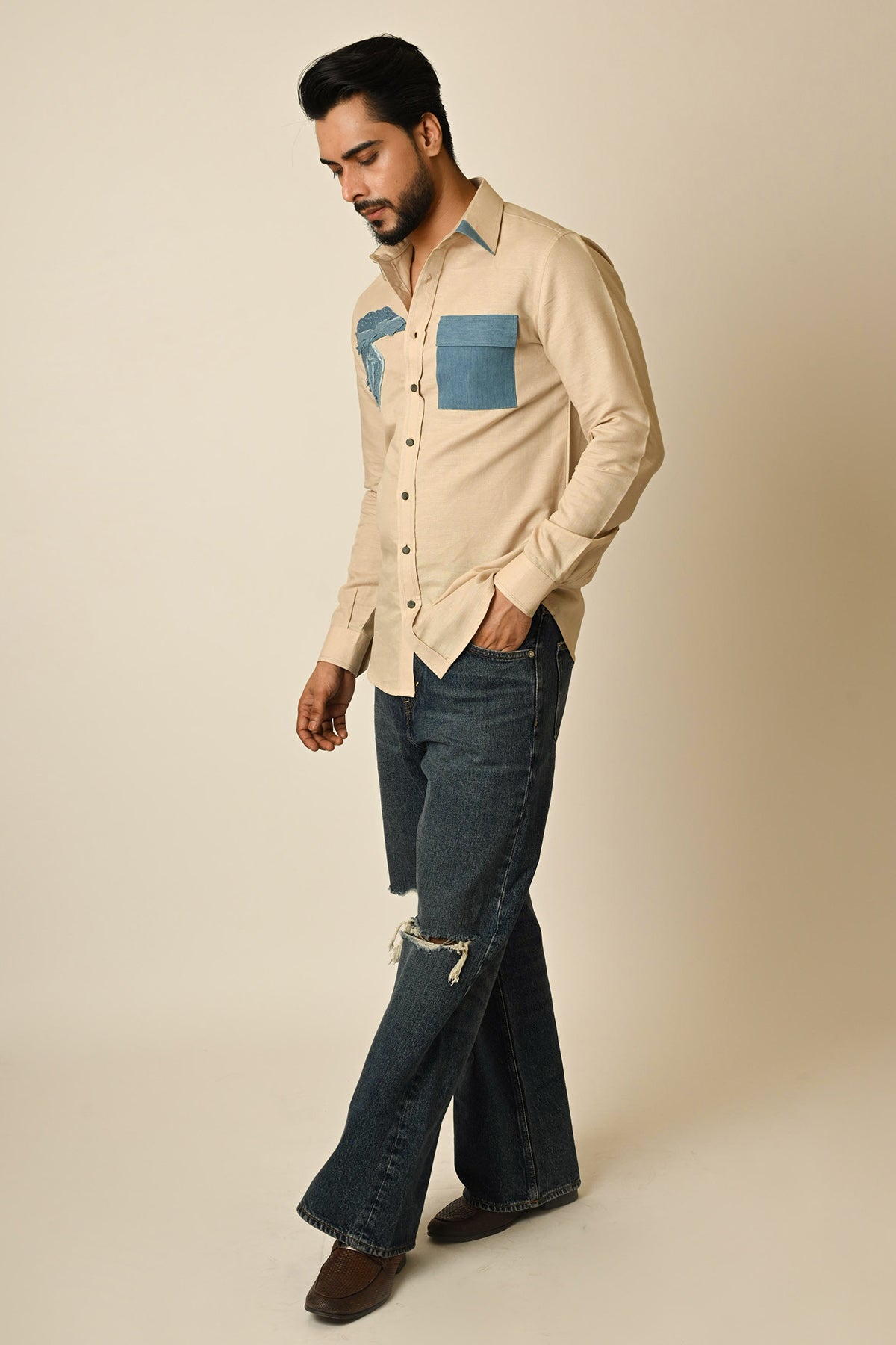 Beige Linen Denim Thread Shirt