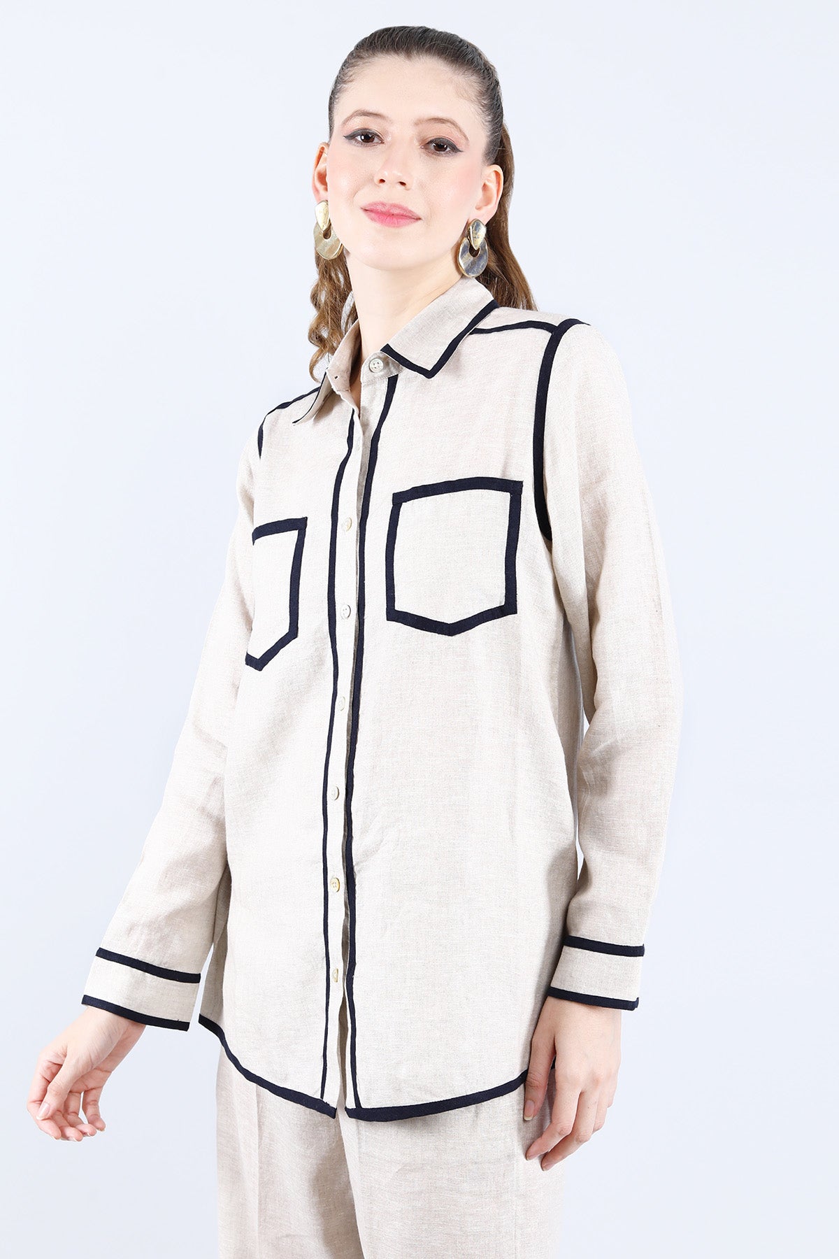 Beige Linen Double Pocket Shirt