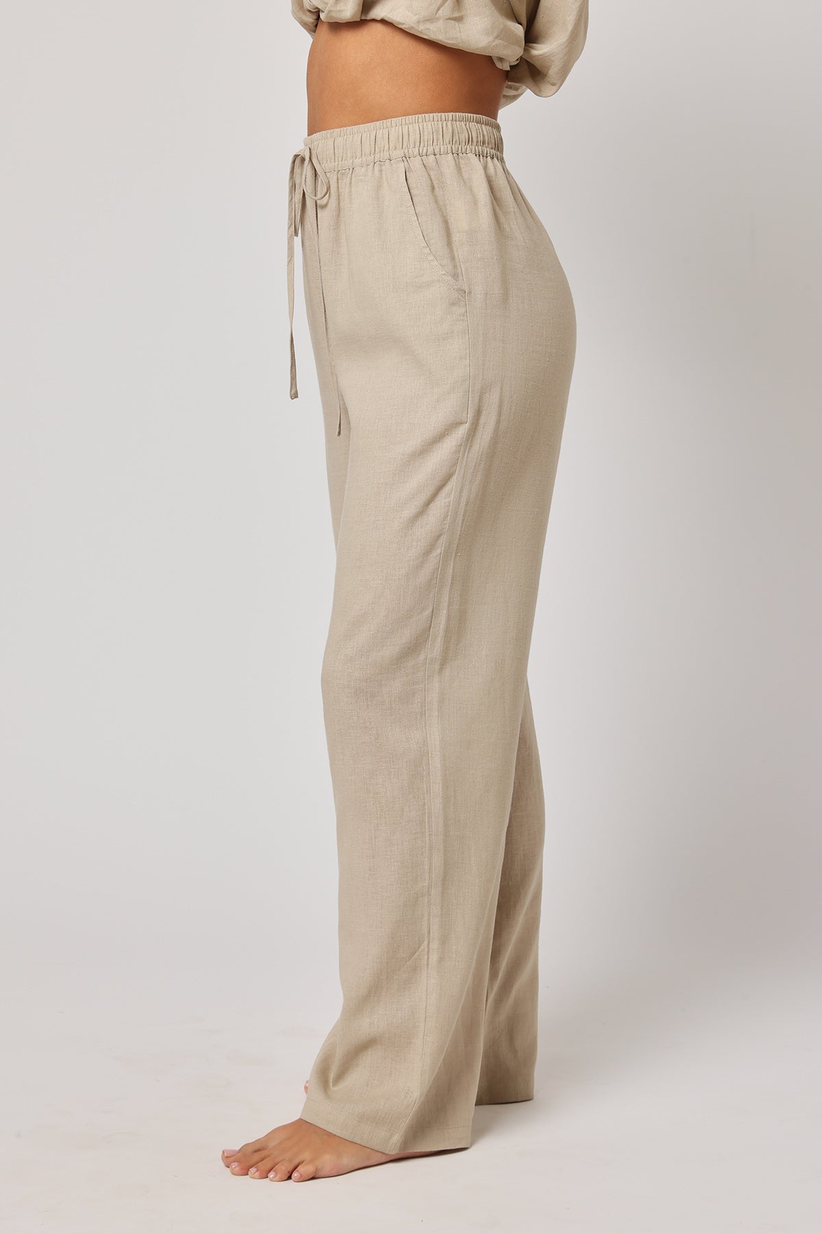 Beige Linen Drawstring Trousers
