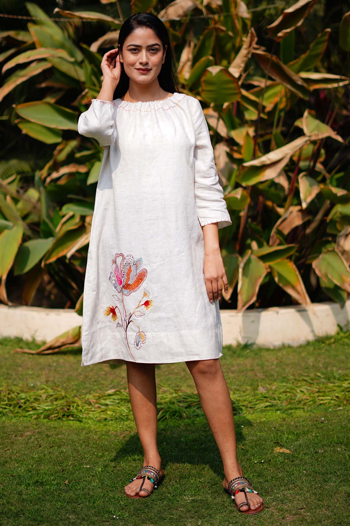 Designer Linen Bloom Earthy Elegance: A Linen Dress with Blooming Embroidery For Women Online at ScrollnShops