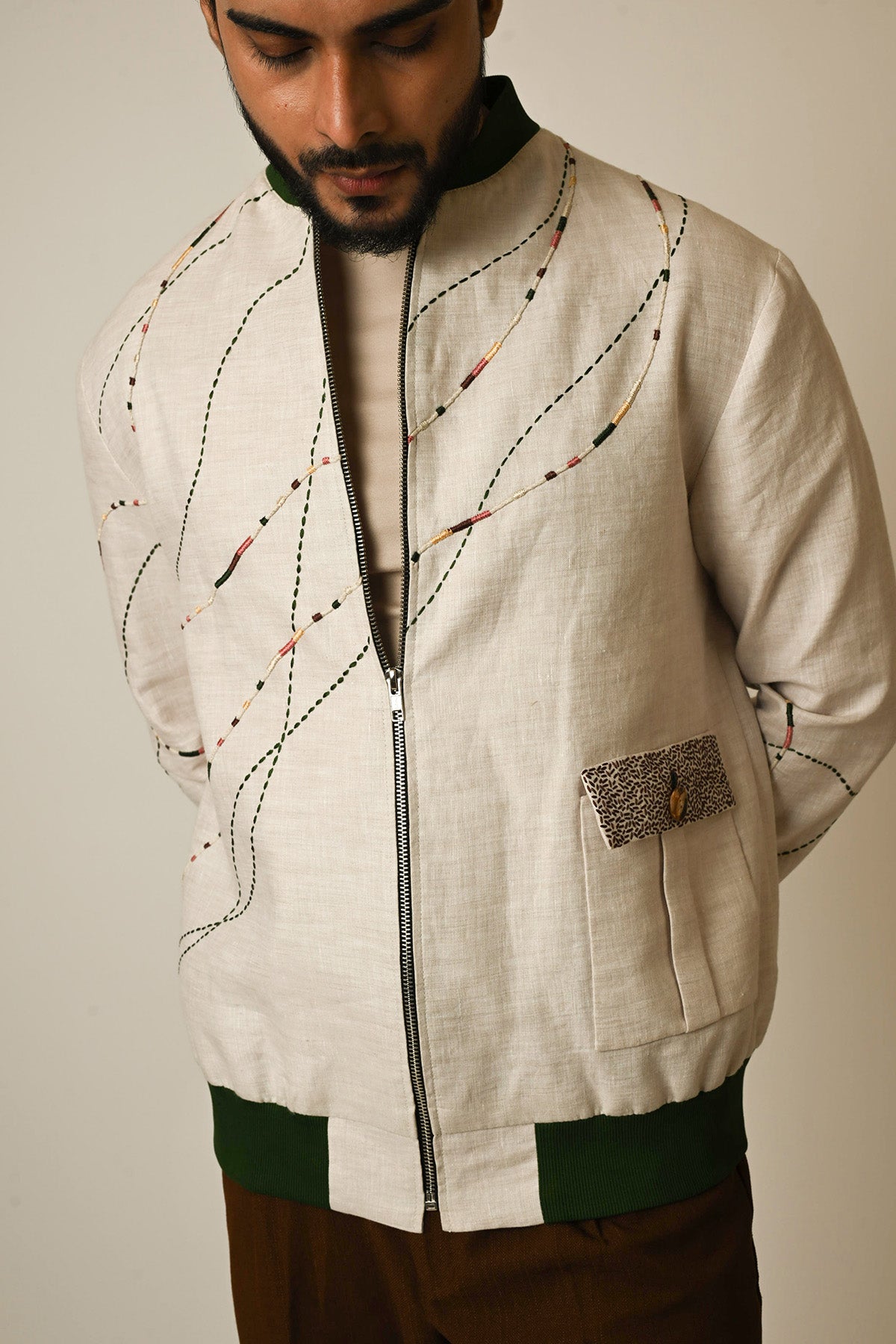 Beige Linen Embroidered Jacket