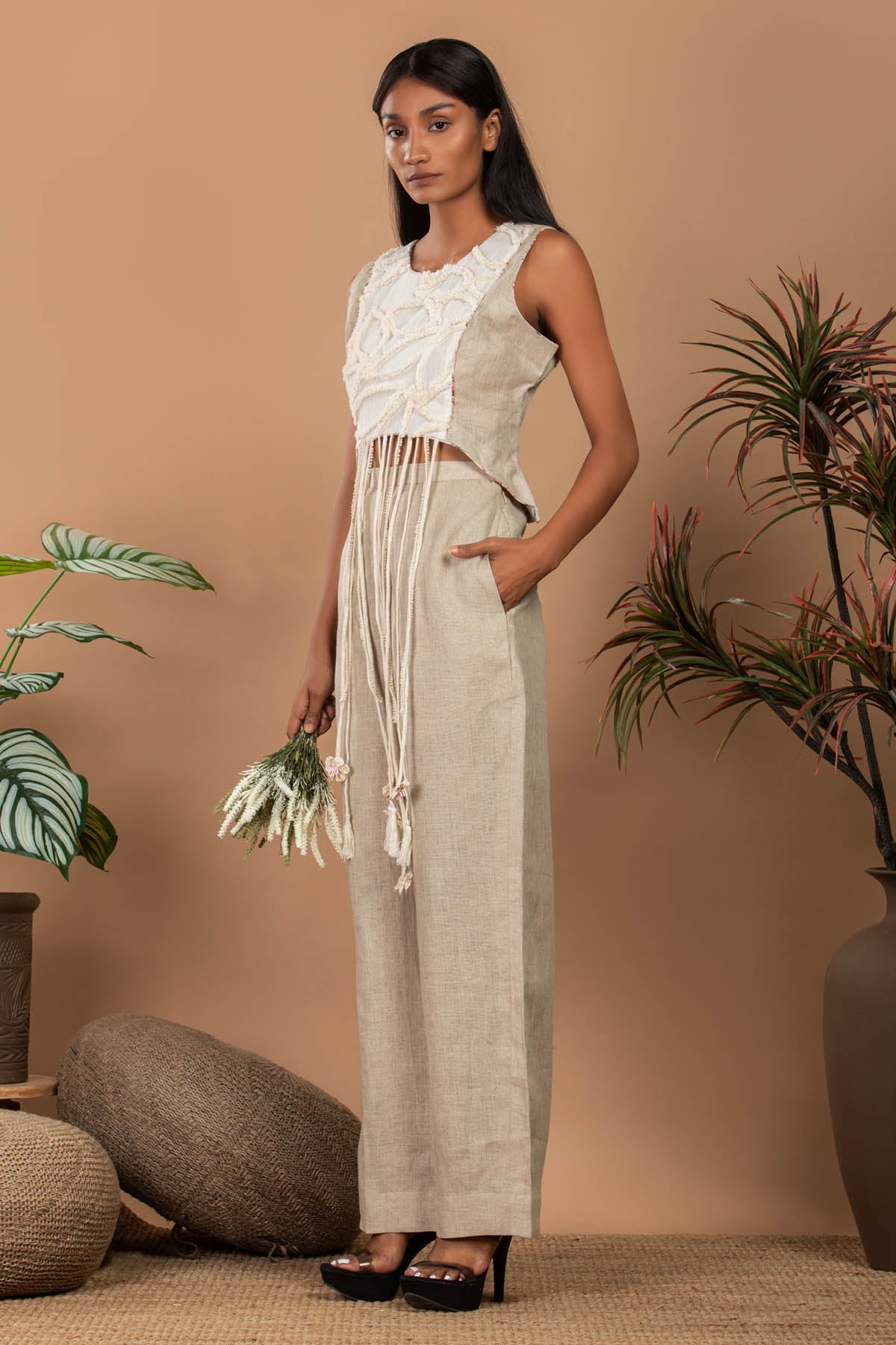 Buy Niyami Textured Chic: Beige Linen Fringe Co-ord at scrollnshops