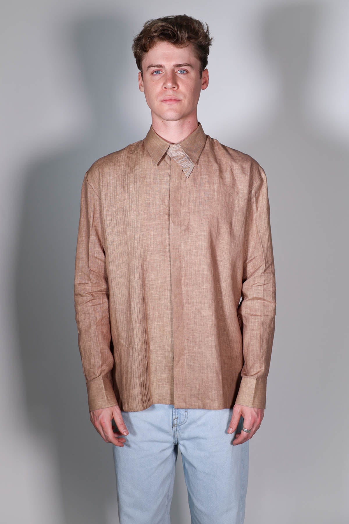 Buy Arya Giri Beige Linen Pintuck Collar Shirt