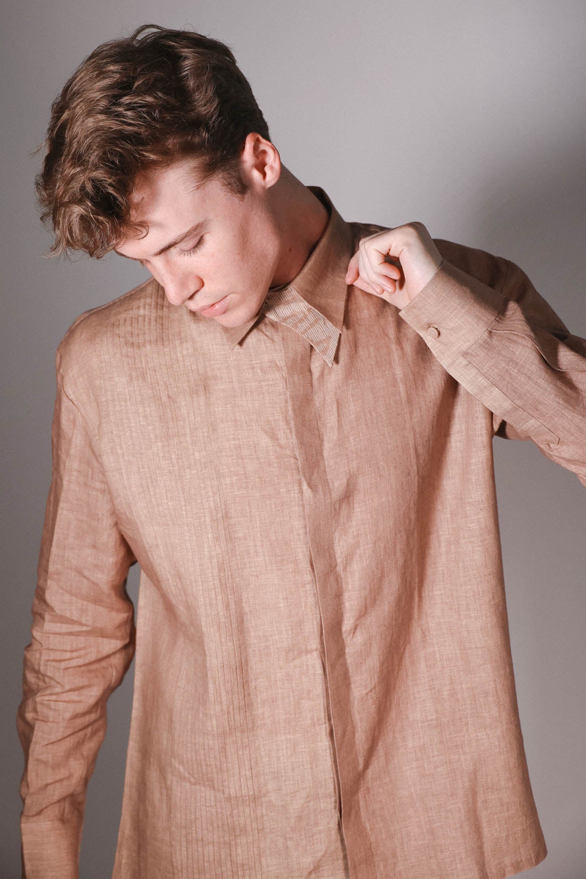 Beige Linen Pintuck Collar Shirt