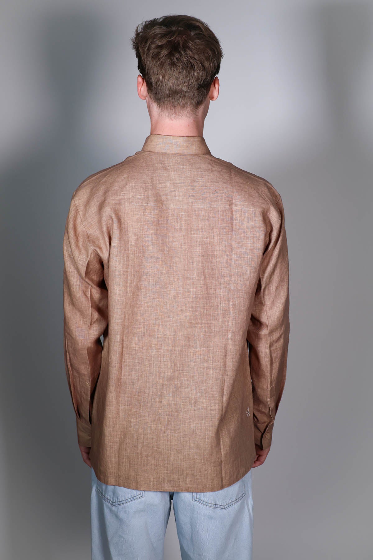 Beige Linen Pintuck Collar Shirt
