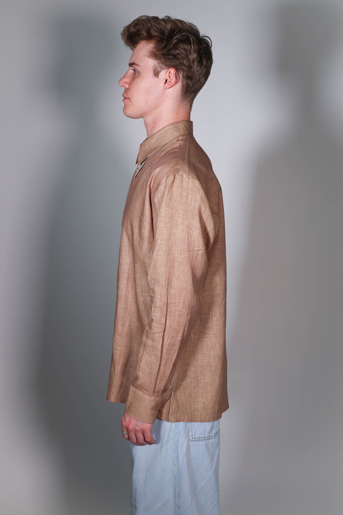 Beige Linen Pintuck Collar Shirt