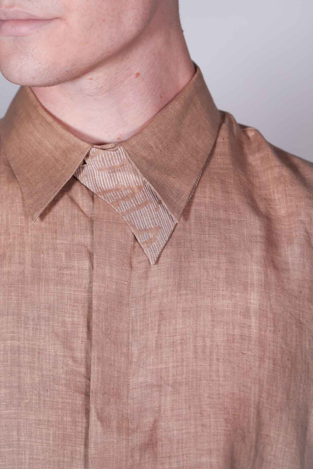 Beige Linen Pintuck Collar Shirt