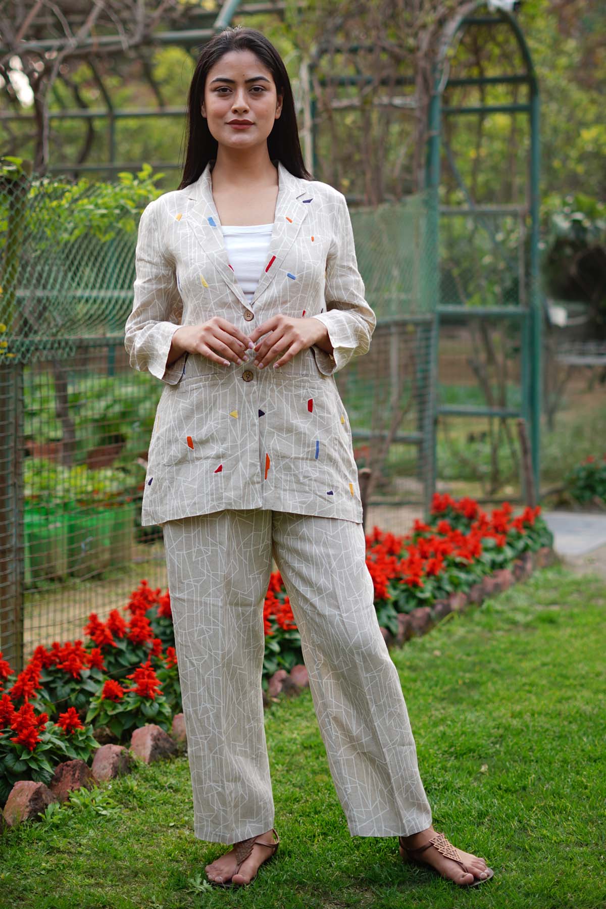 Buy Designer Beige Linen Printed Blazer Online