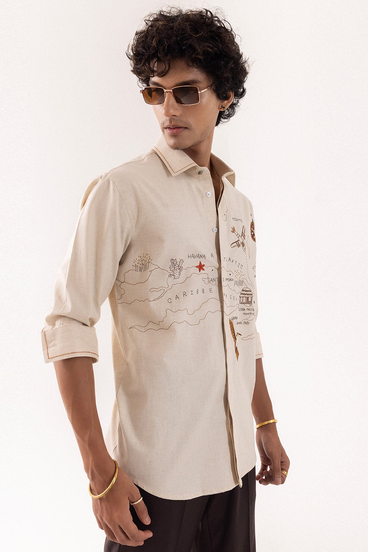 Beige Linen Satin Stitch Shirt
