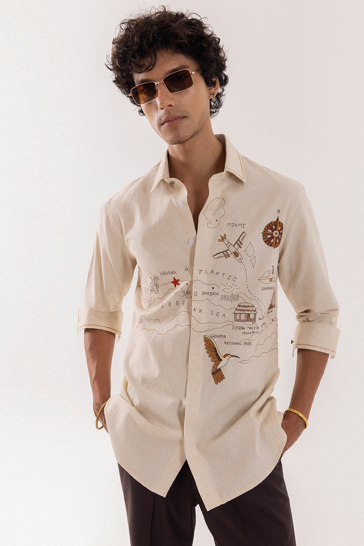 Buy Beige Linen Satin Stitch Shirt for men by Paarsh Atelier online available at scrollnshops