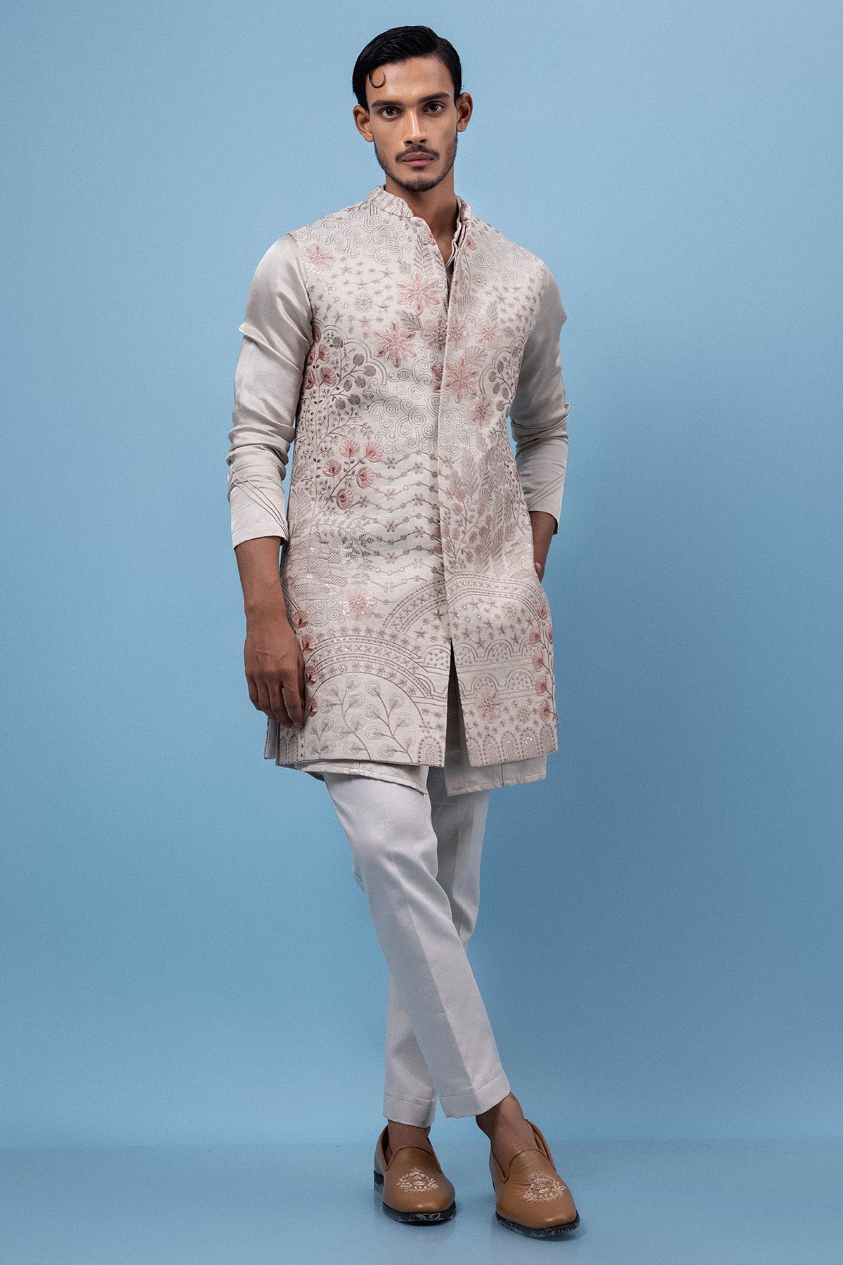 Beige Linen Thread Work Kurta