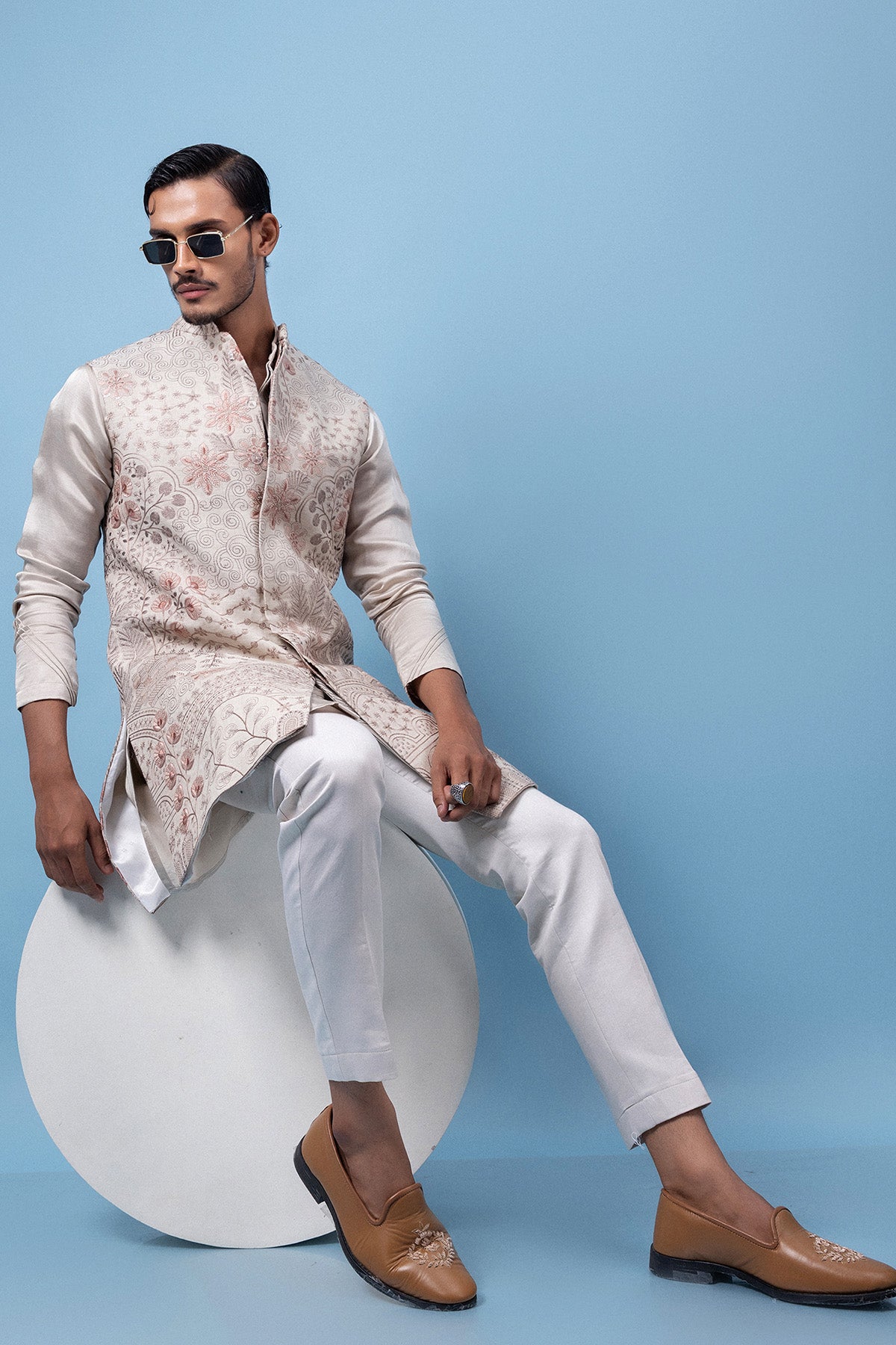 Beige Linen Thread Work Kurta