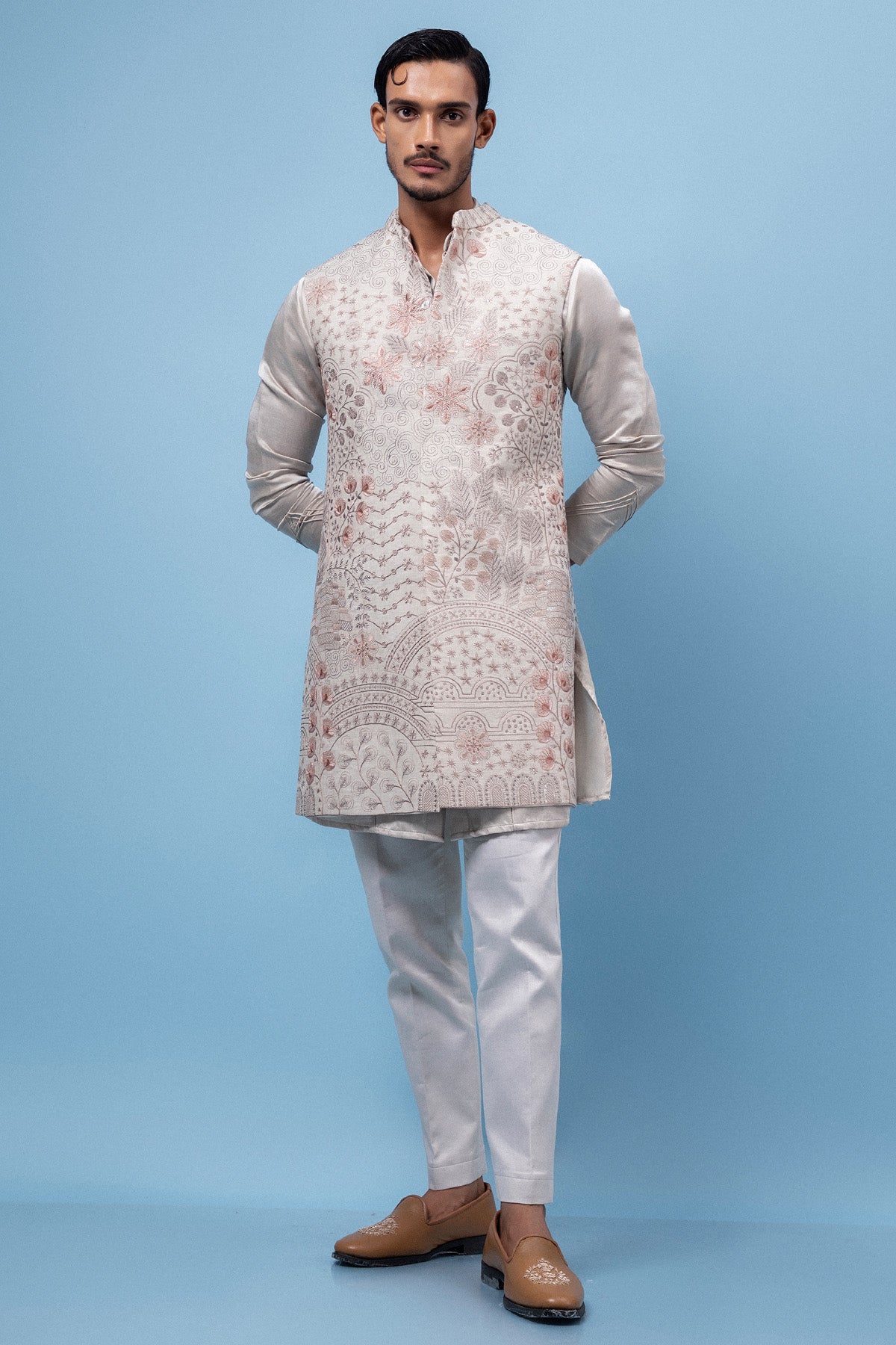 Buy Beige Linen Thread Work Kurta for men by Paarsh Atelier online available at scrollnshops