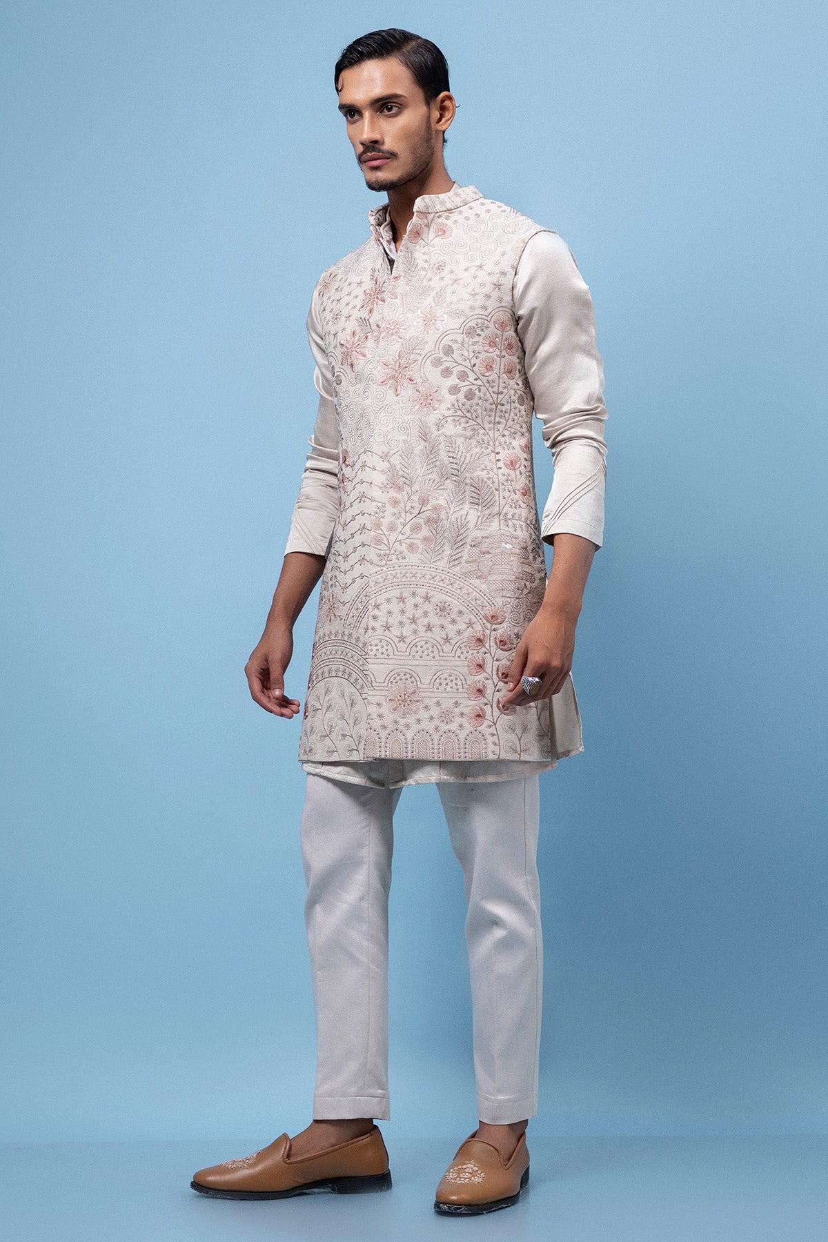 Beige Linen Thread Work Kurta