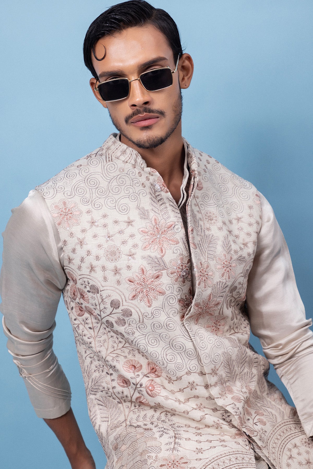 Beige Linen Thread Work Kurta
