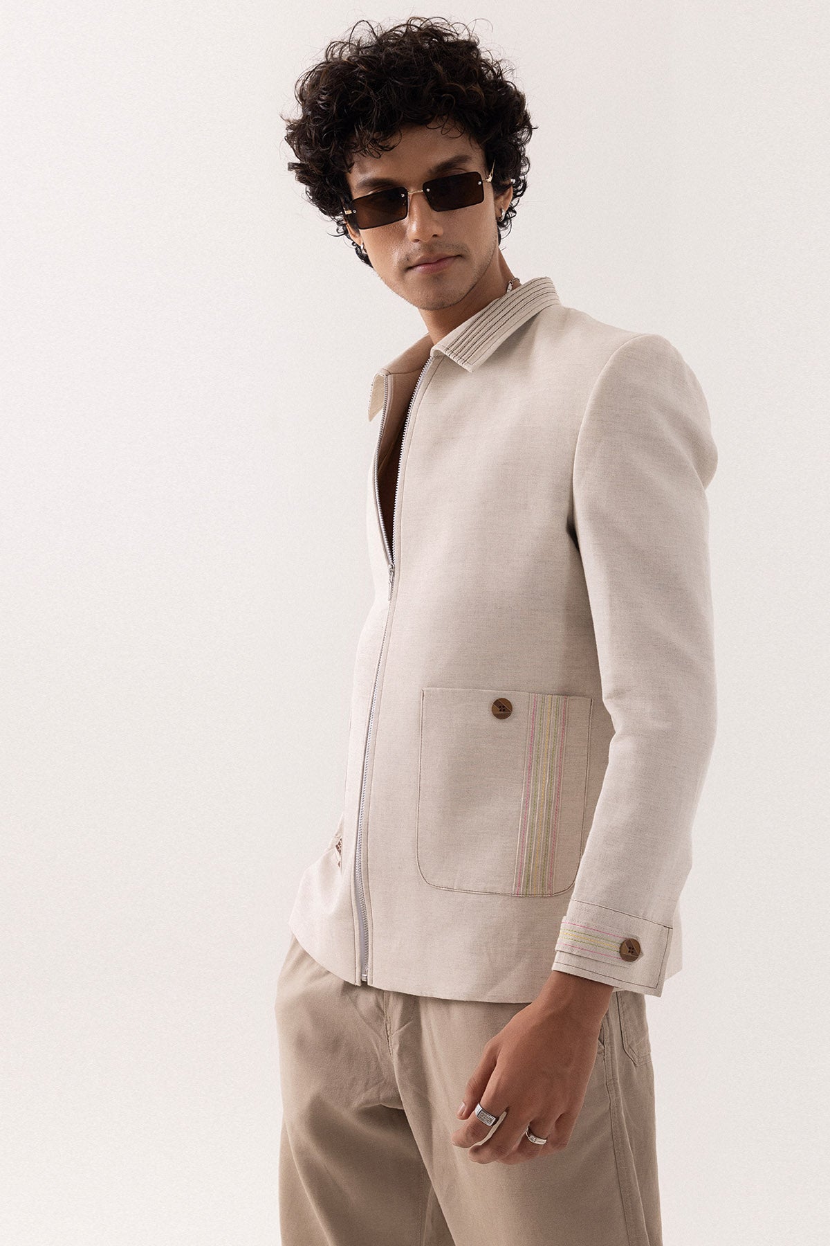 Beige Motif Cross Stitch Jacket