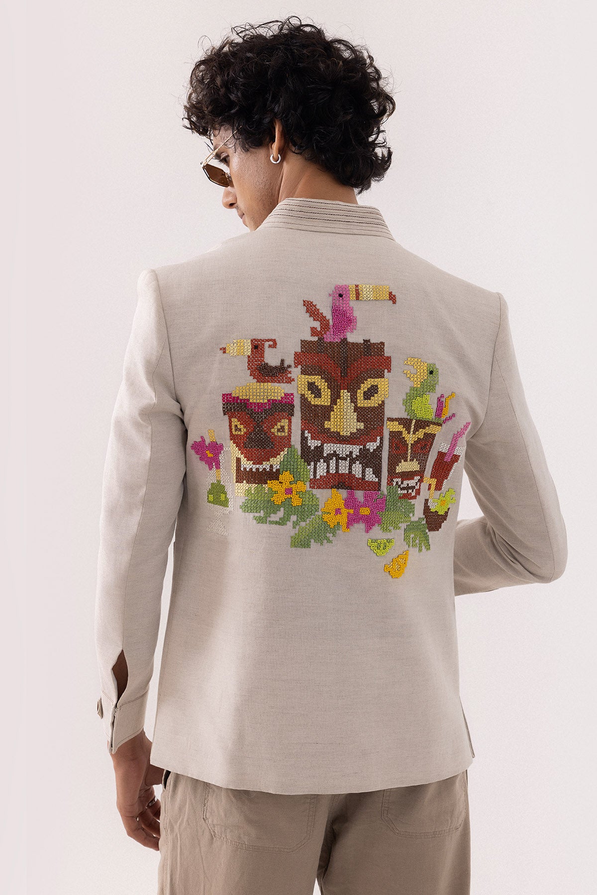 Beige Motif Cross Stitch Jacket