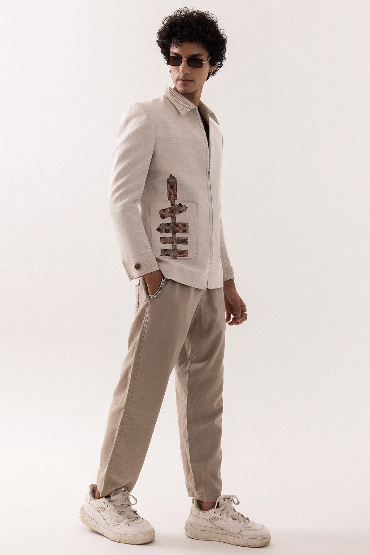 Beige Motif Cross Stitch Jacket