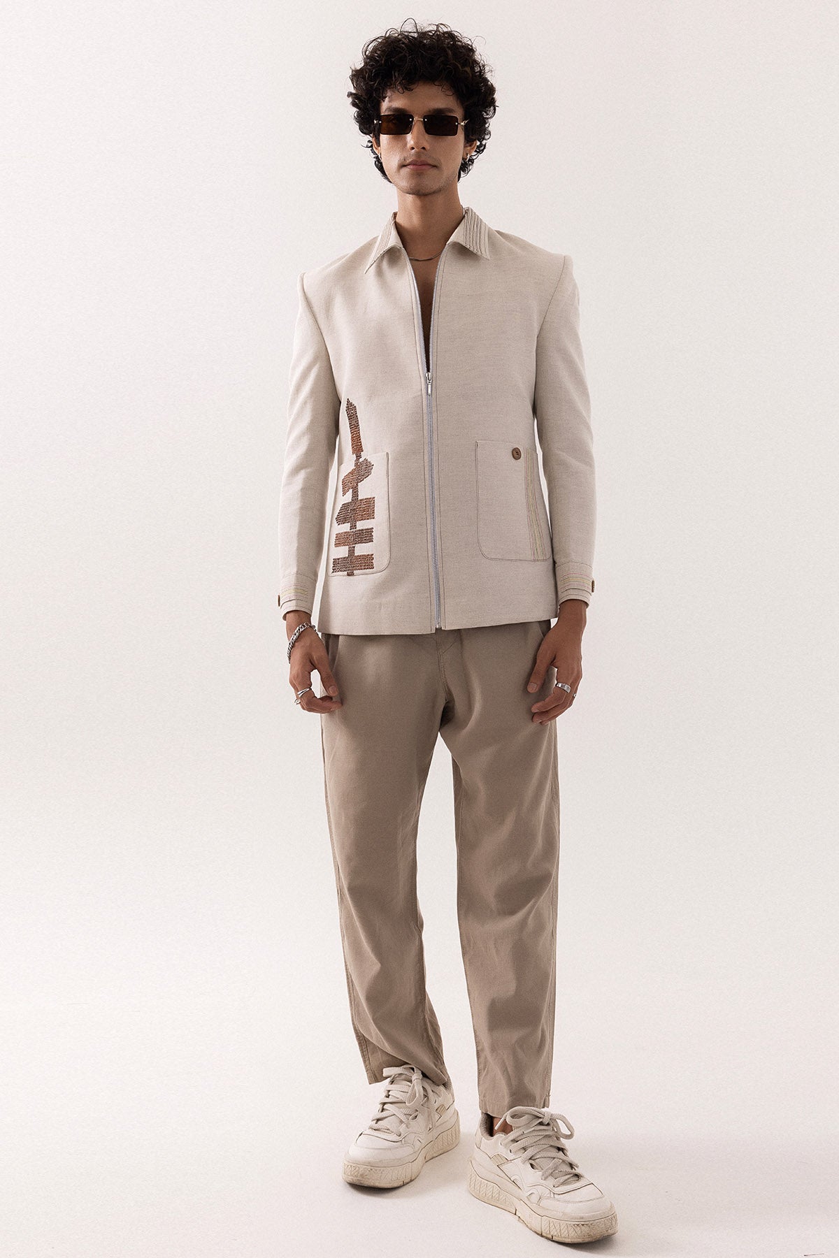 Beige Motif Cross Stitch Jacket