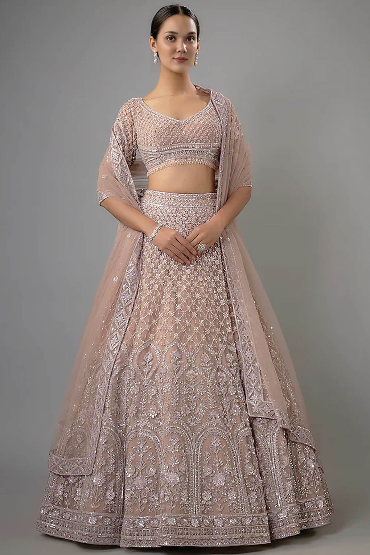 Buy Beige Net Resham Lehenga Set by Shlok Design for women online at ScrollnShops