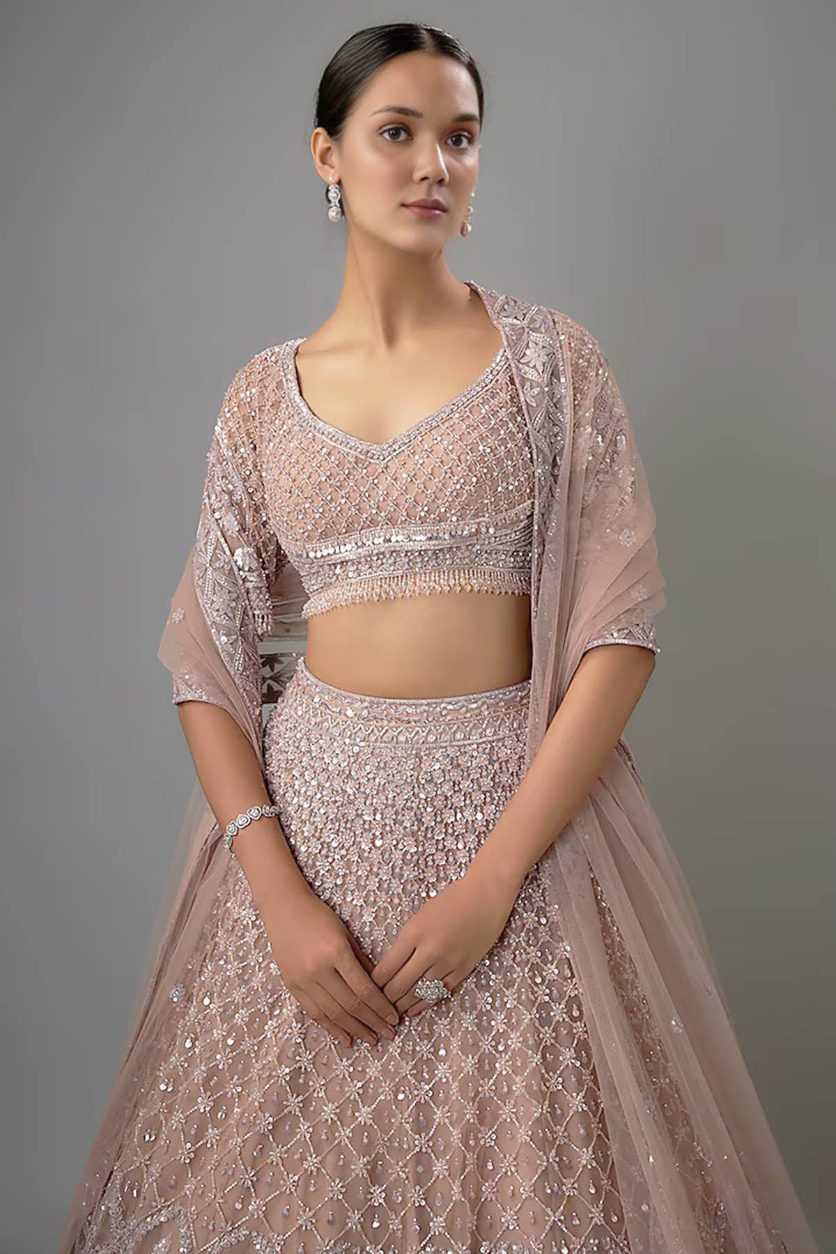 Beige Net Resham Lehenga Set