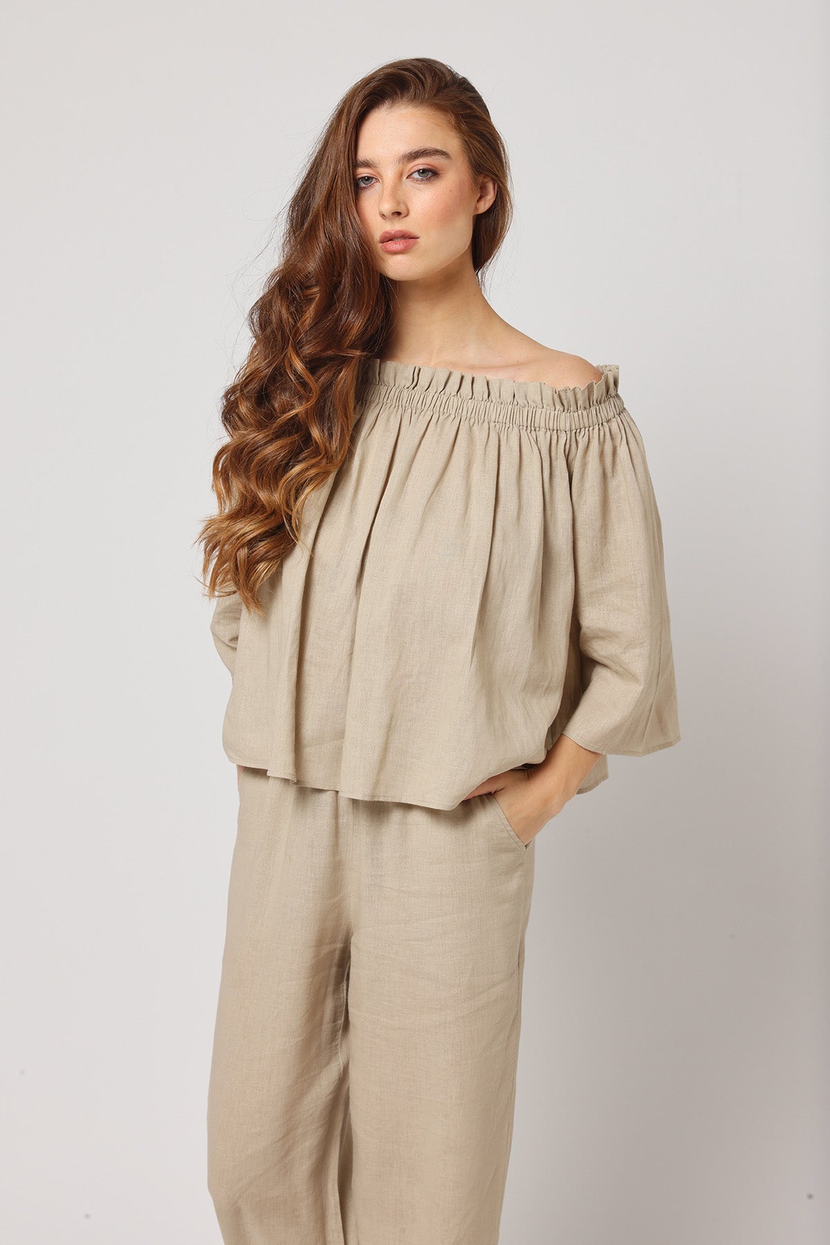 Beige Off-Shoulder Flowy Top