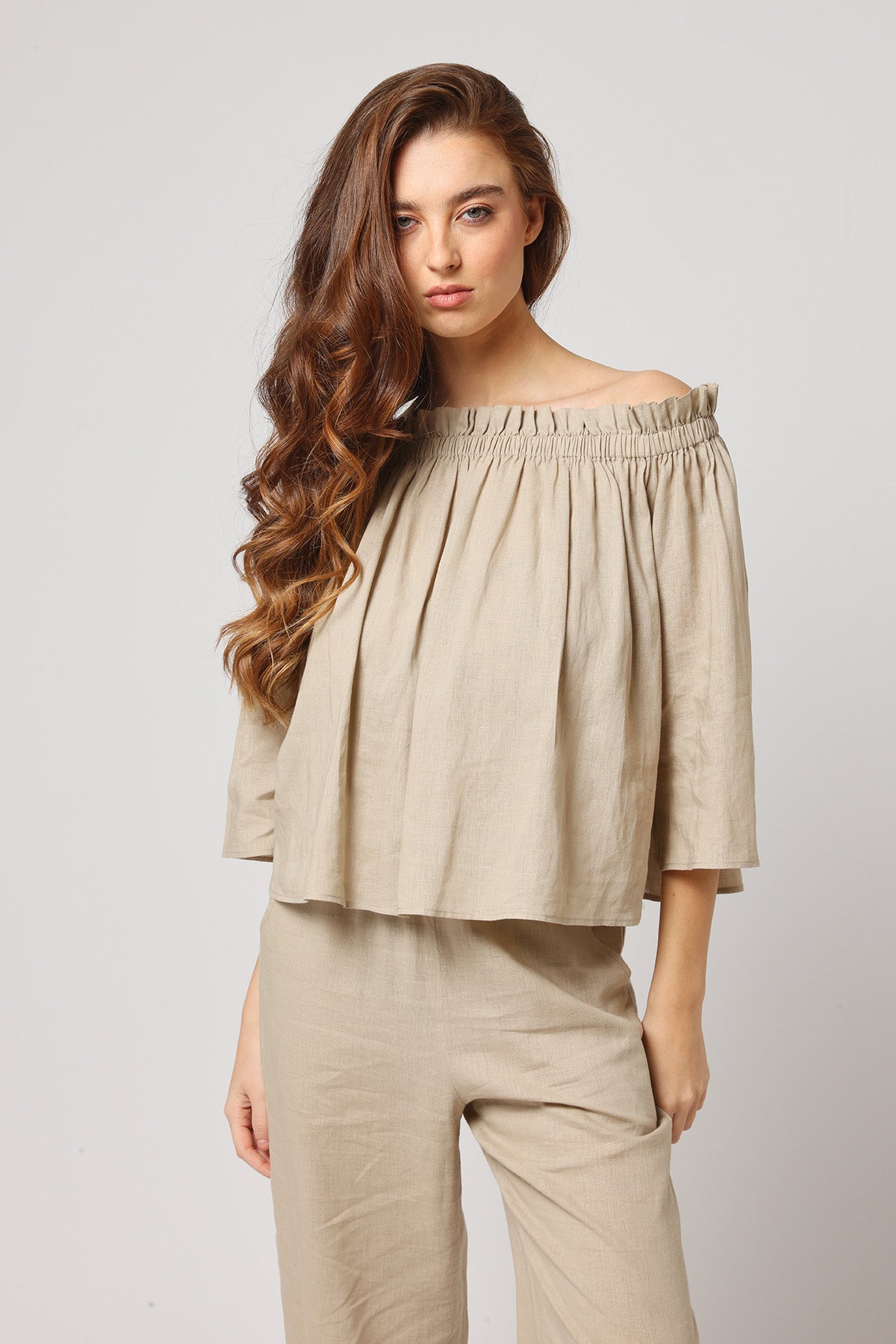 Beige Off-Shoulder Flowy Top