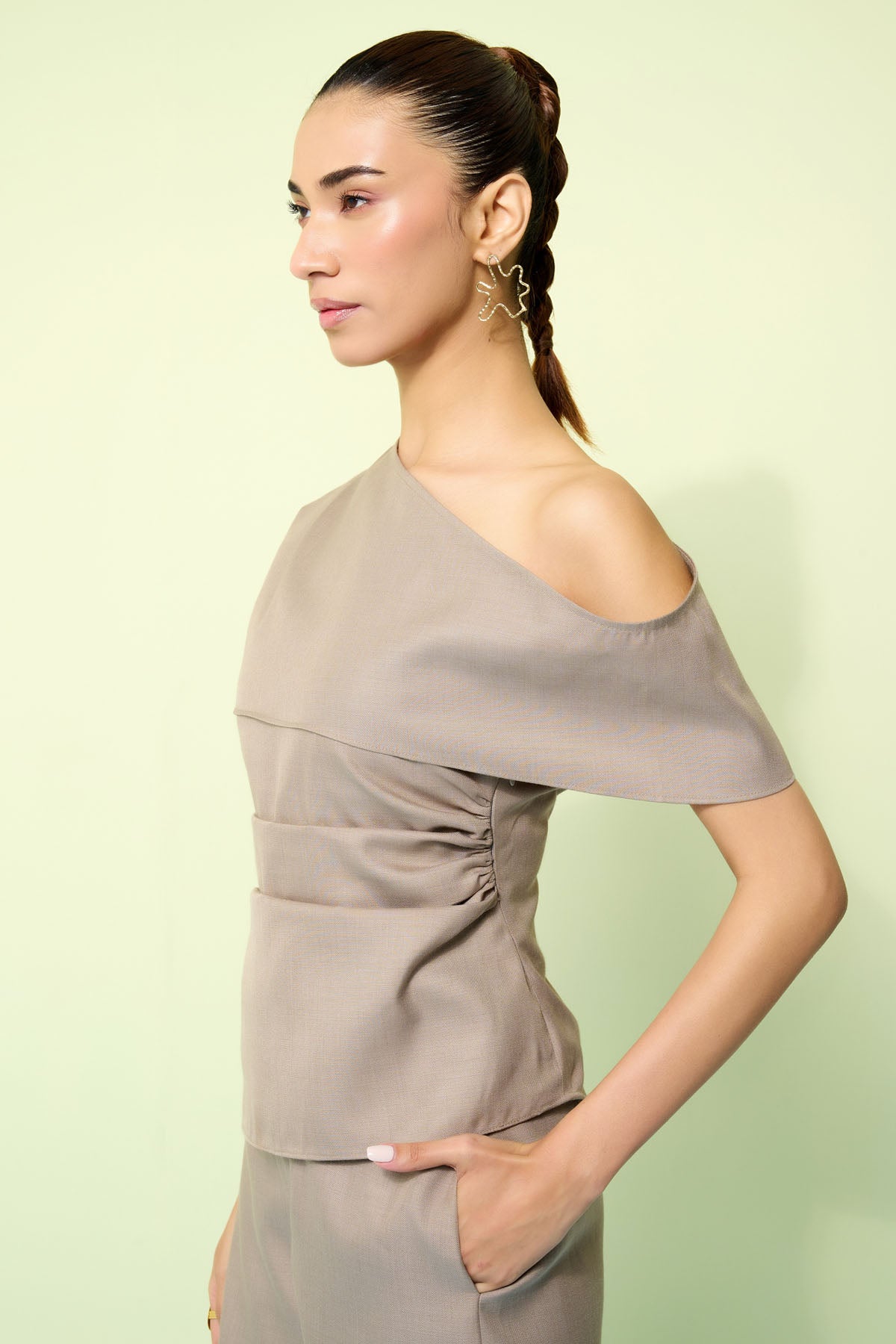 Beige One Shoulder Co-ord Set