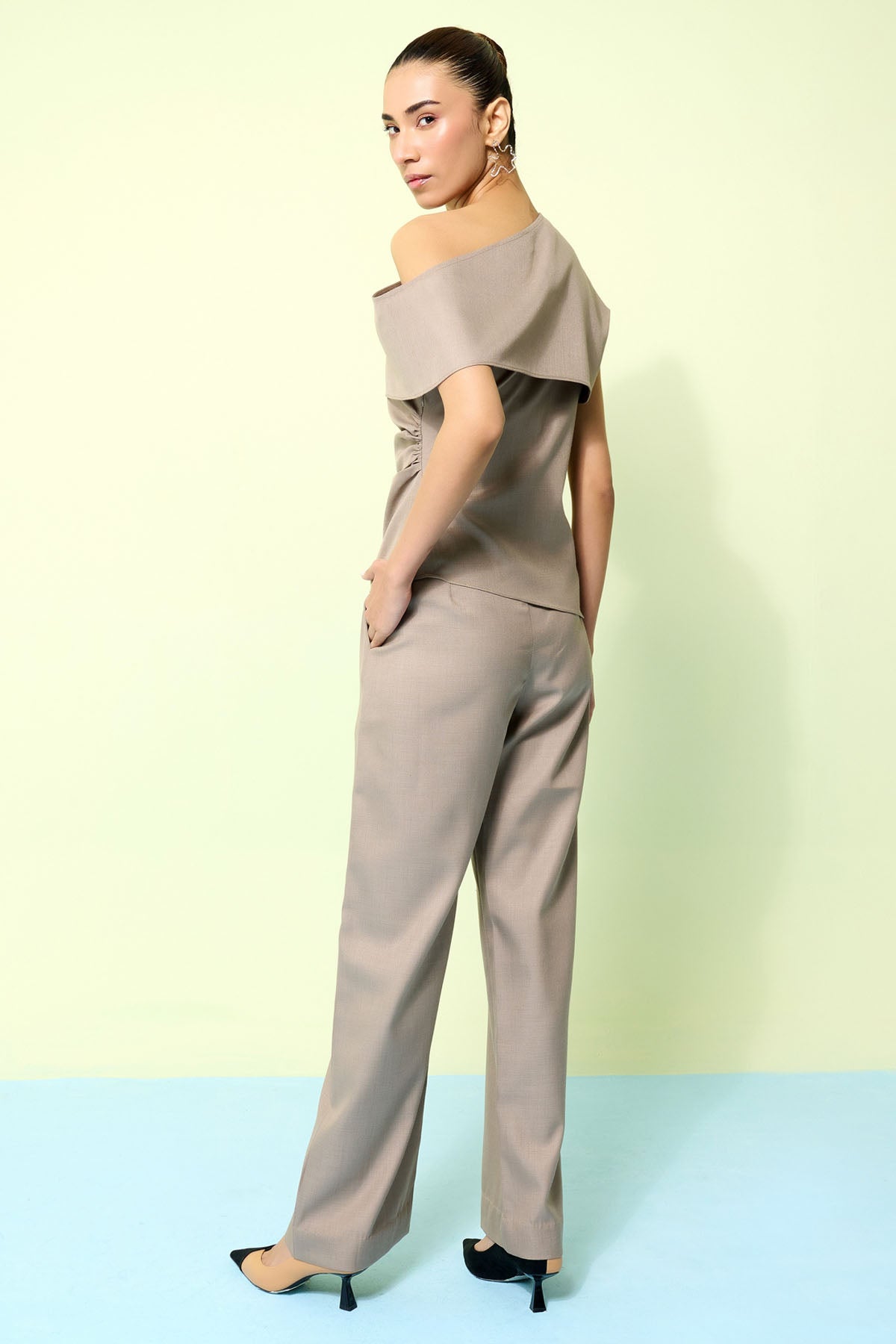 Beige One Shoulder Pleated Top