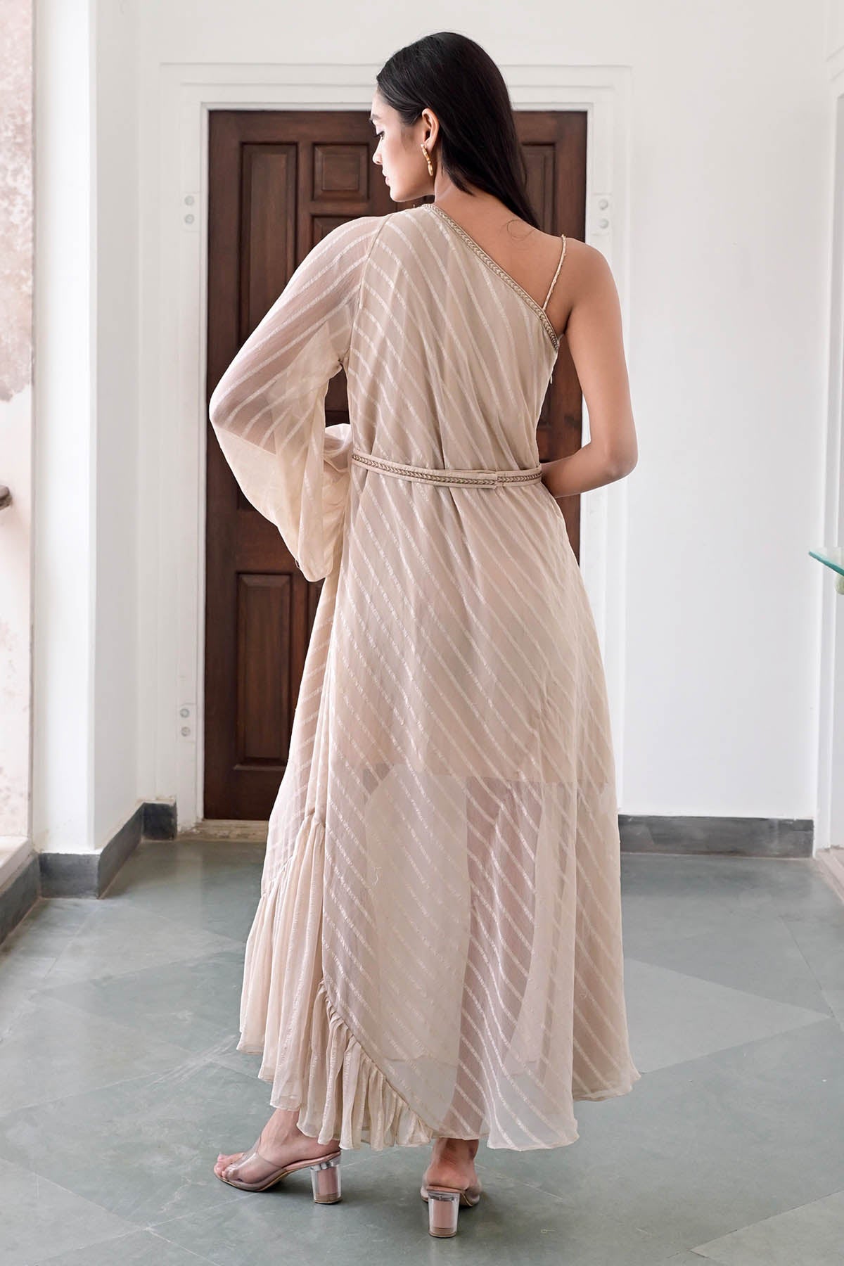 Beige One Shoulder Lace Dress