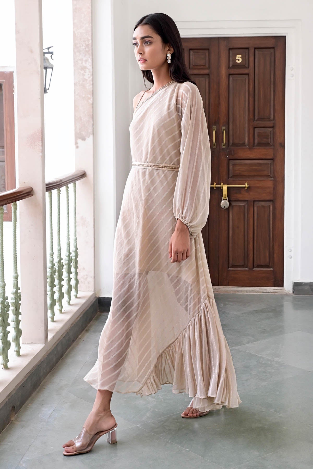 Beige One Shoulder Lace Dress