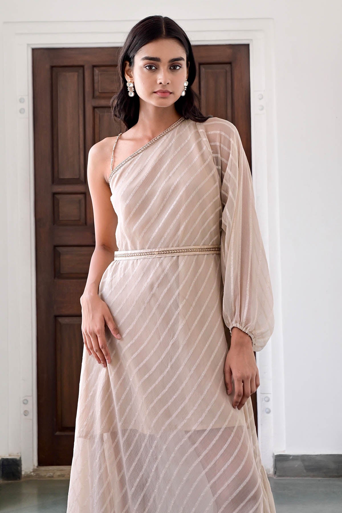 Beige One Shoulder Lace Dress