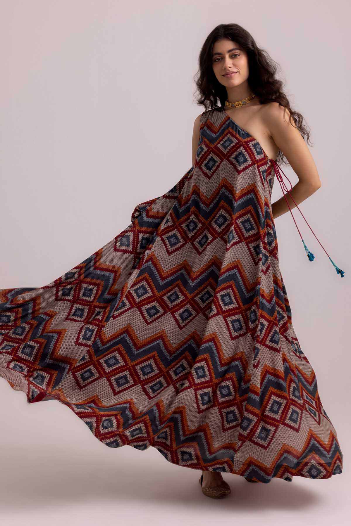 Beige One Shoulder Print Dress