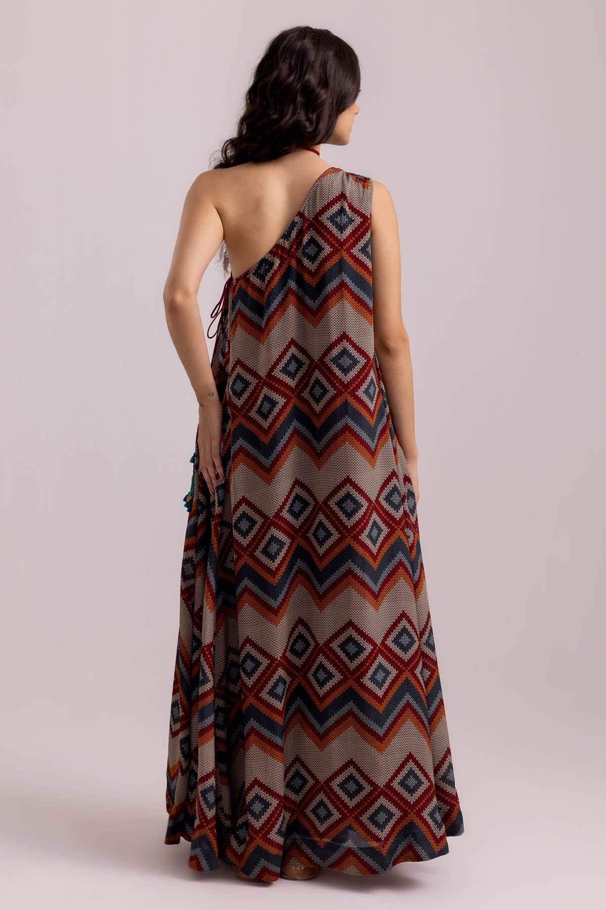Beige One Shoulder Print Dress