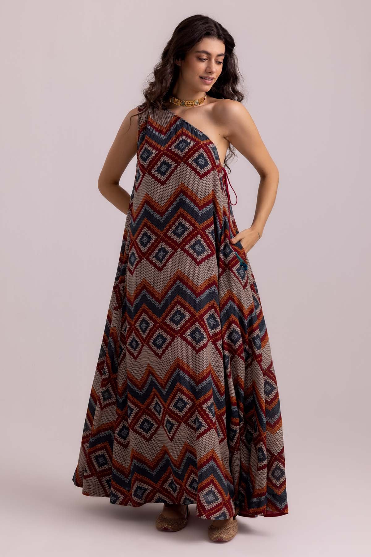 Buy Designer Beige One Shoulder Print Dress Online at ScrollnShops