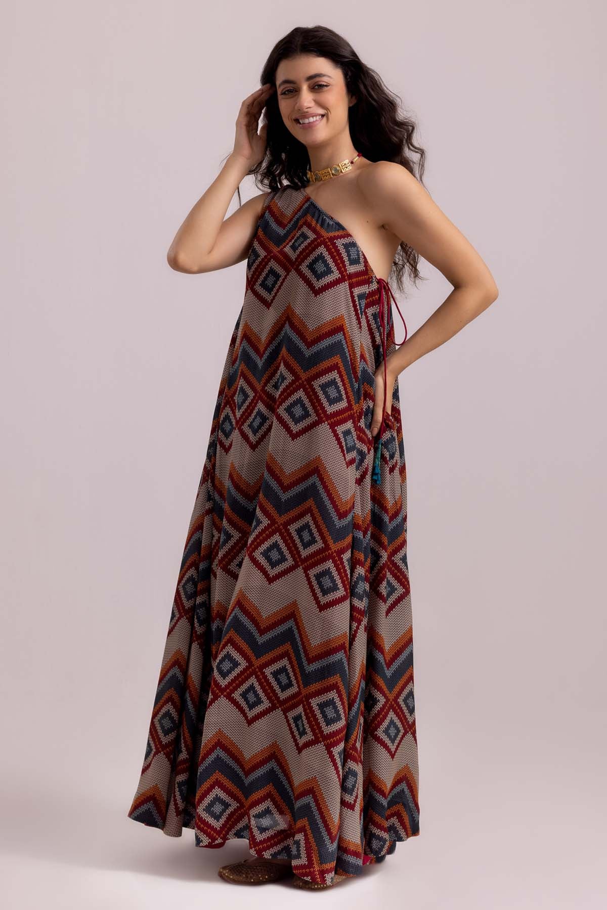 Beige One Shoulder Print Dress