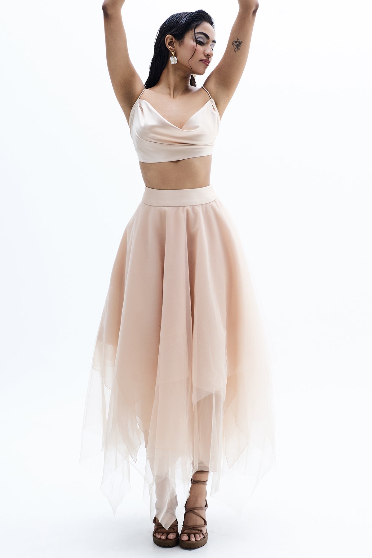 Buy Beige Organza Crop Top & Skirt for women by GKDedit online available at scrollnshops
