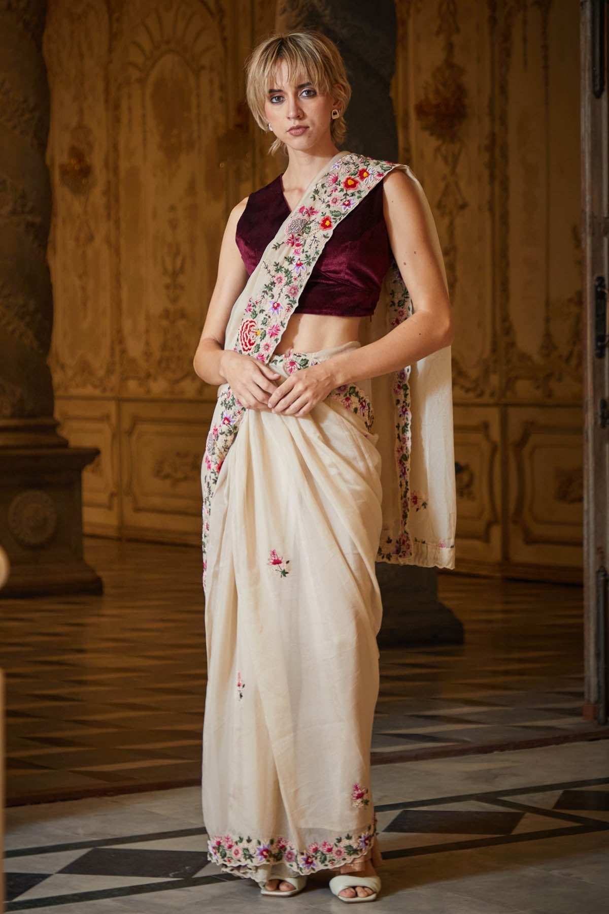 Beige Organza Embroidered Saree