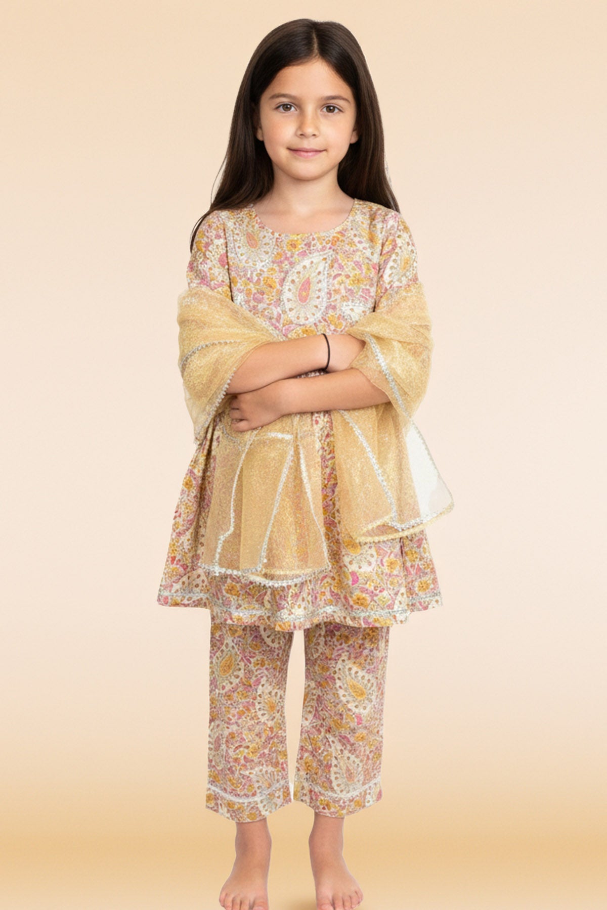 Buy Beige Paisley Printed Kurta Set for Kids by ViYa online available at scrollnshops