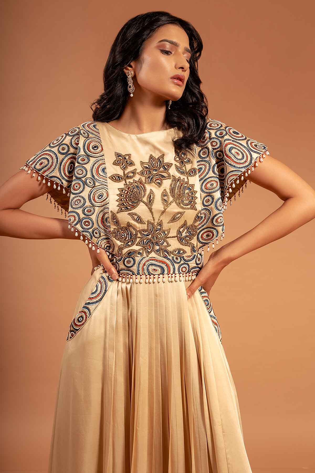 Beige Patchwork Ajrakh Dress