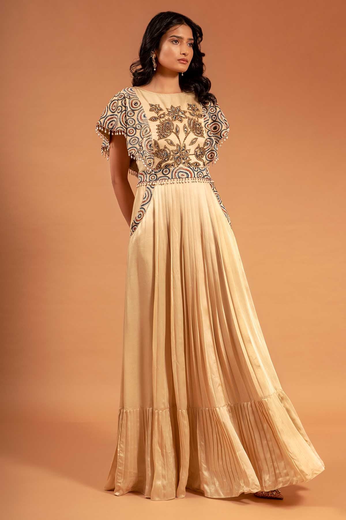 Beige Patchwork Ajrakh Dress