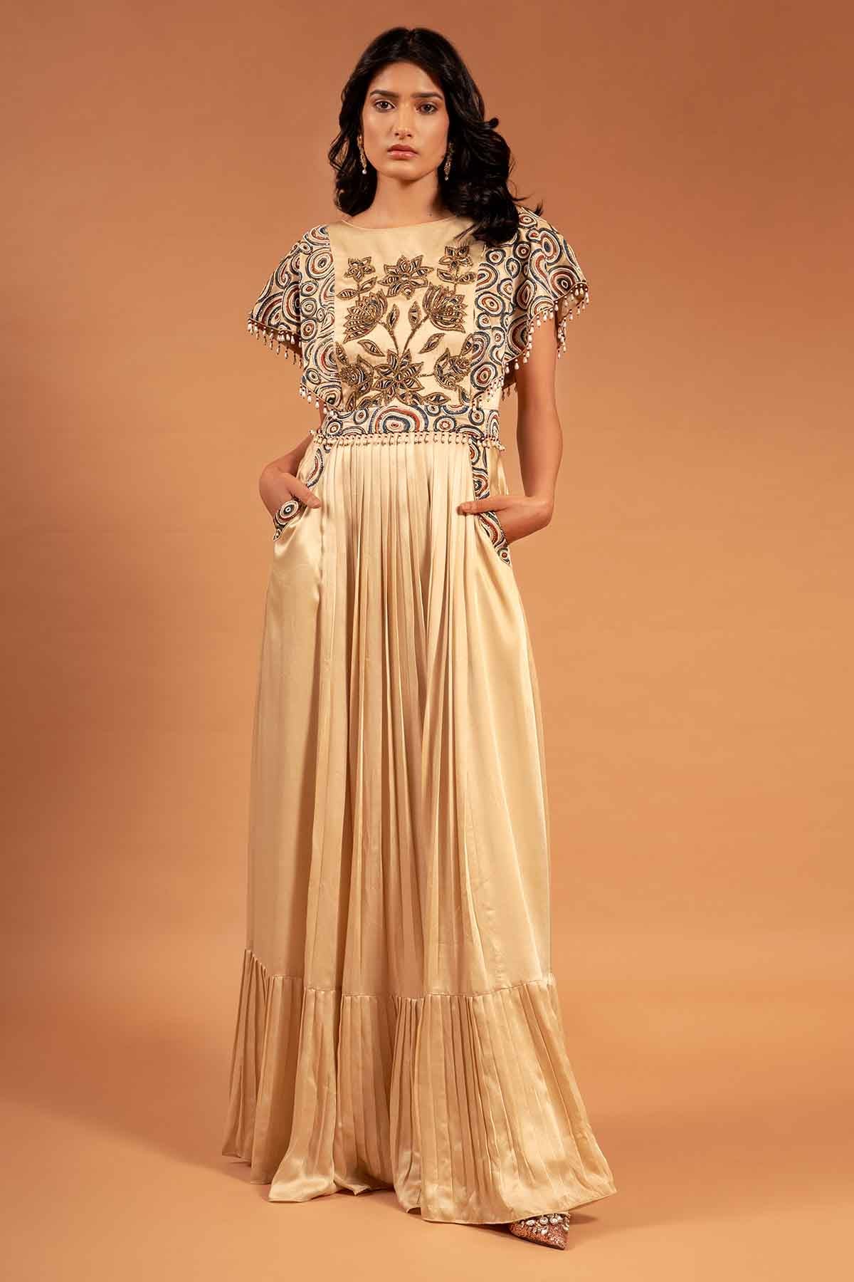 Buy Beige Patchwork Ajrakh Dress by Sejal Kamdar at ScrollnShops