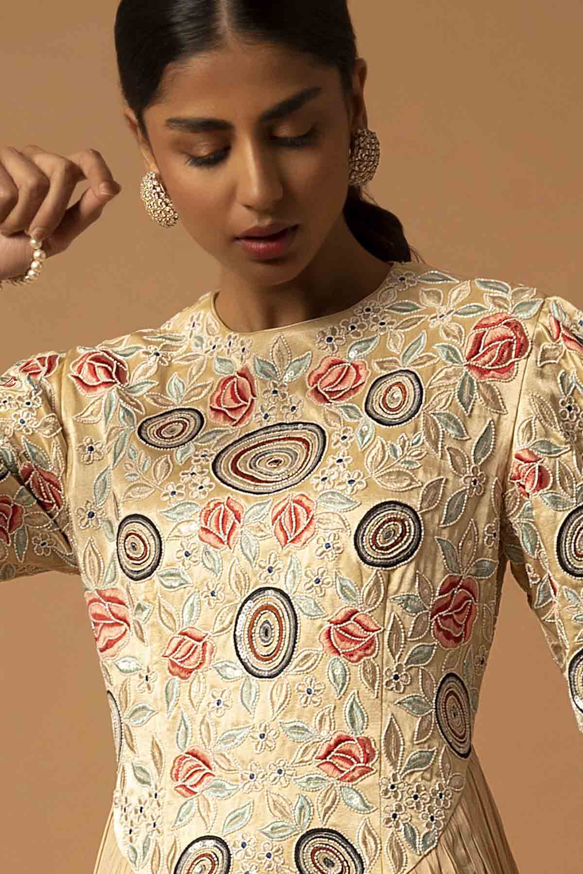 Beige Patchwork Gathered Dress