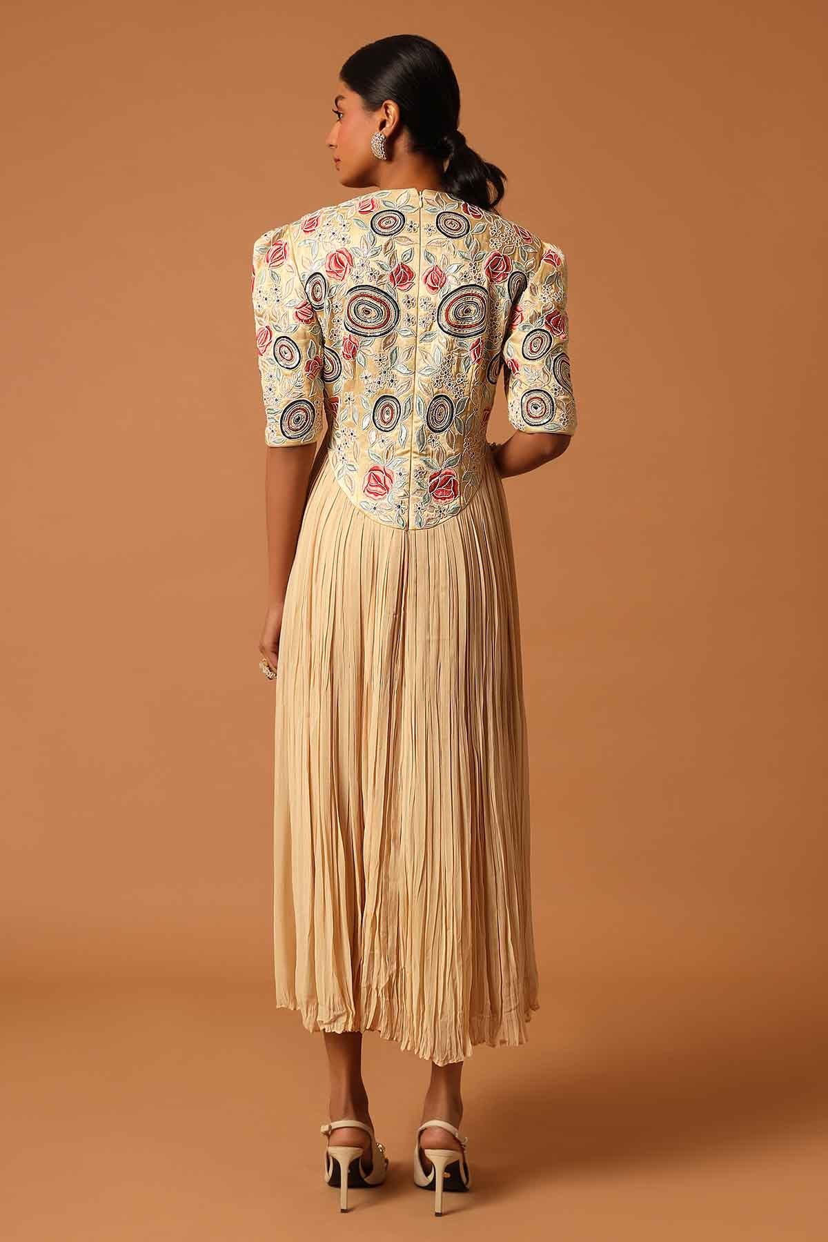 Beige Patchwork Gathered Dress