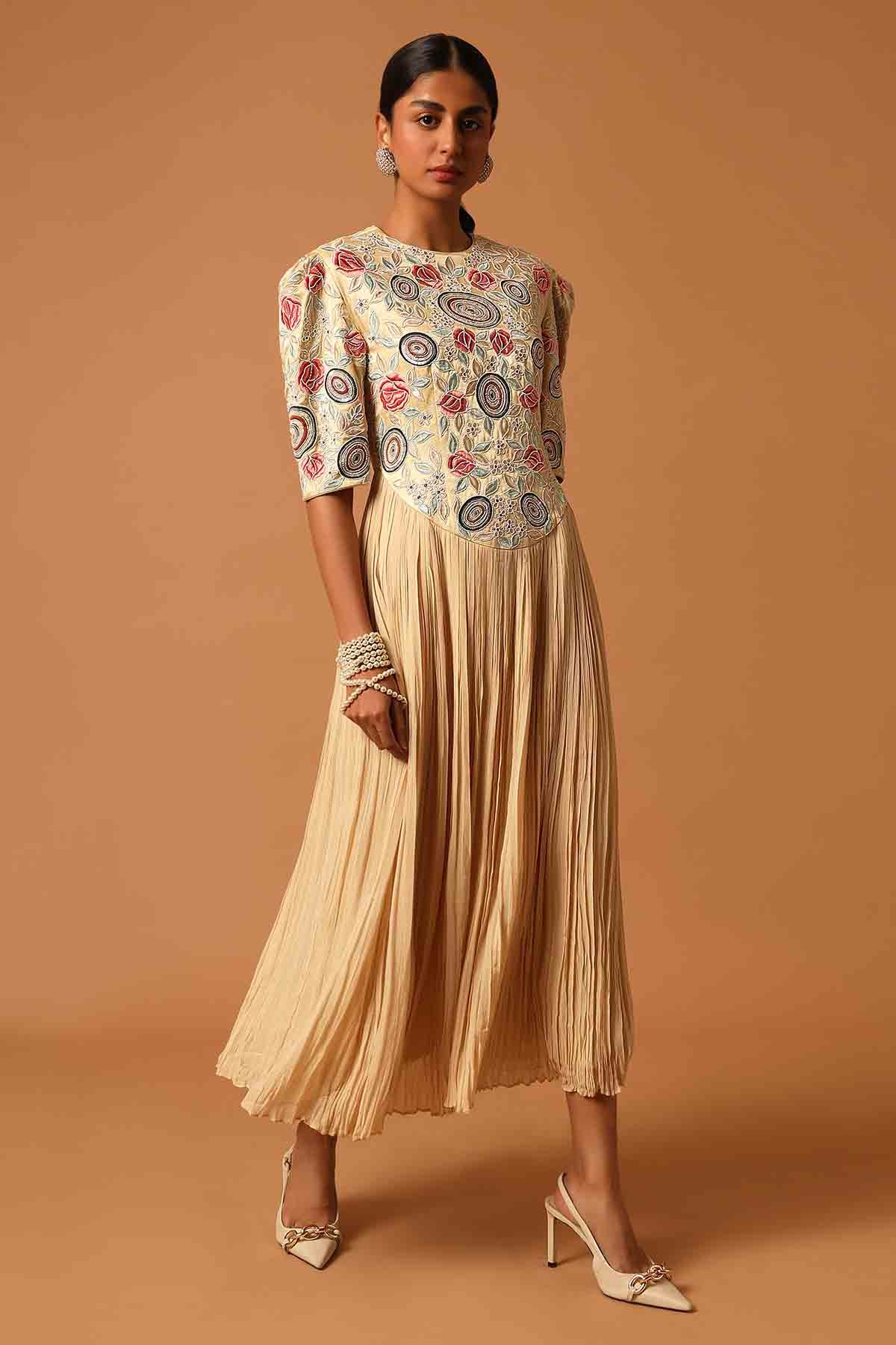 Beige Patchwork Gathered Dress