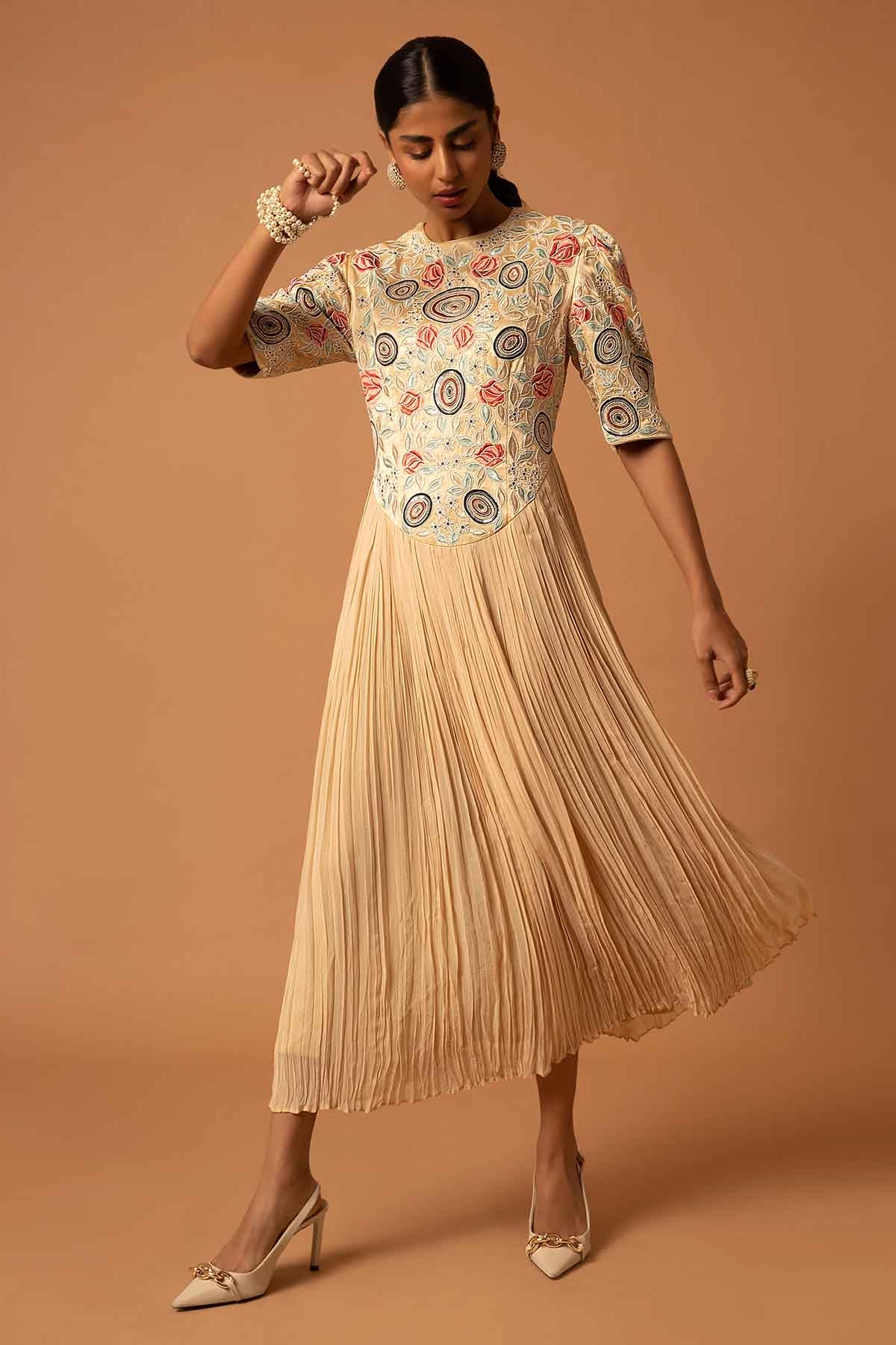 Beige Patchwork Gathered Dress