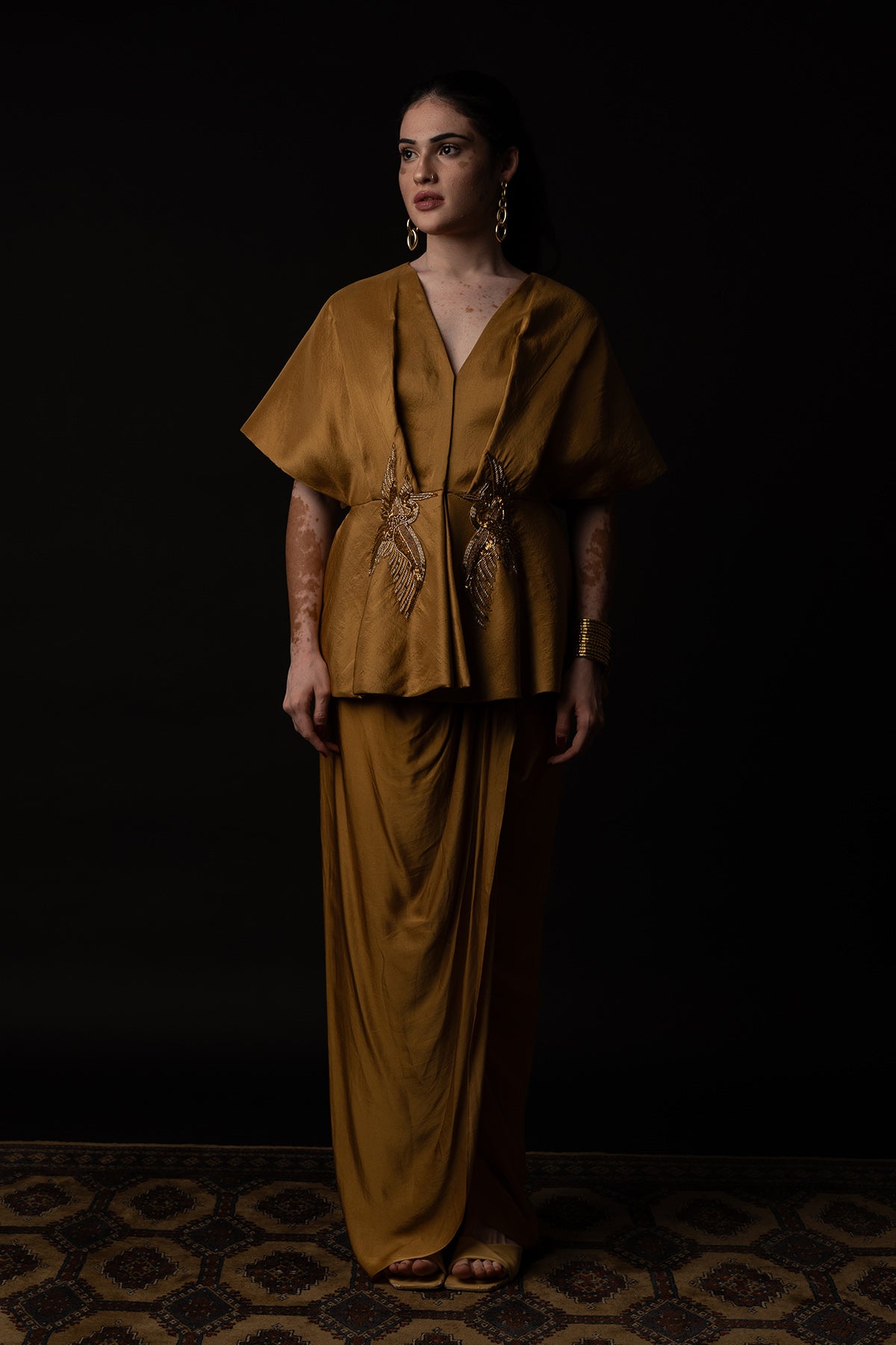 Beige Peplum Top & Drape Skirt